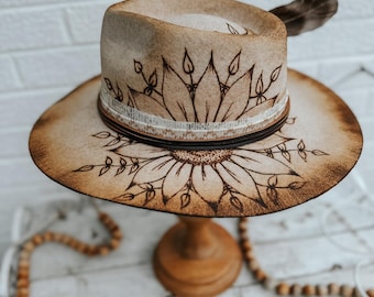 100% Wolle Custom Gebrannt Fedora Hut mit breiter Krempe | Sonnenblume Floral Feder Greenery Konzert Boho Hippie Neutral