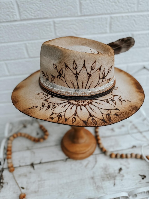 100% Wool Custom Burned Wide Brim Fedora Hat | Sunflower Floral Feather Greenery Concert Boho Hippie Neutral