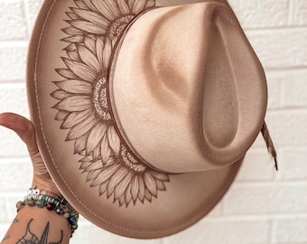 Sunflower Wide Brim Custom Fedora Hat | Tan, Summer, Feather, Country, Concert, Lainey Wilson, Derby, Cowgirl, Cowboy, Floral, Burned