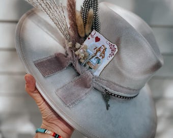 Alice in Wonderland Custom Wide Flat Brim Fedora Hat | Boho Hippie Concert Summer Western Country Winery Bridal Derby Rodeo Cowgirl