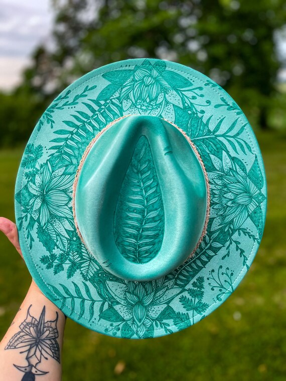 Buy Custom Mint Flat Widebrim Fedora Hat | Lotus Floral  display picture 3