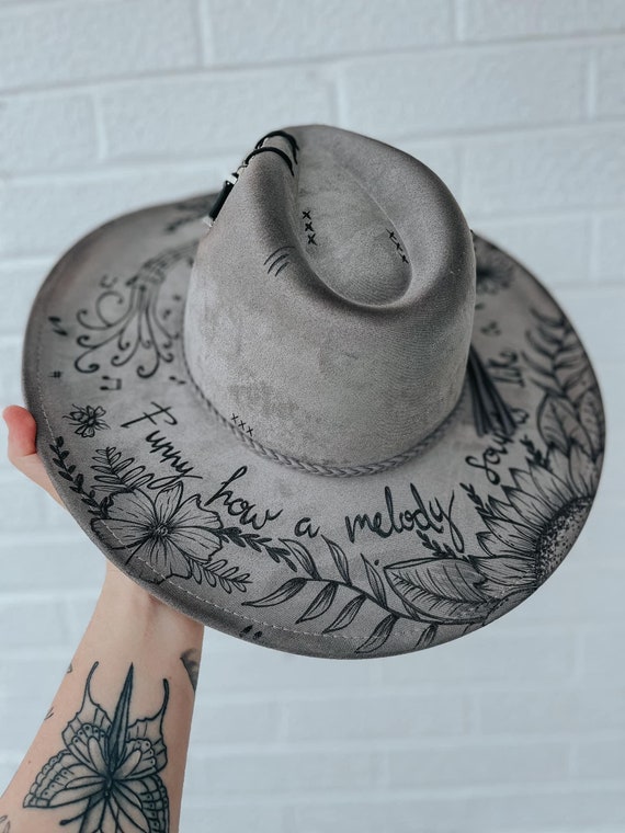 Hand designed western hat. Concert festival rodeo Custom Hand Burned Wide Brim Fedora Hat | Eric Church  main image 3
