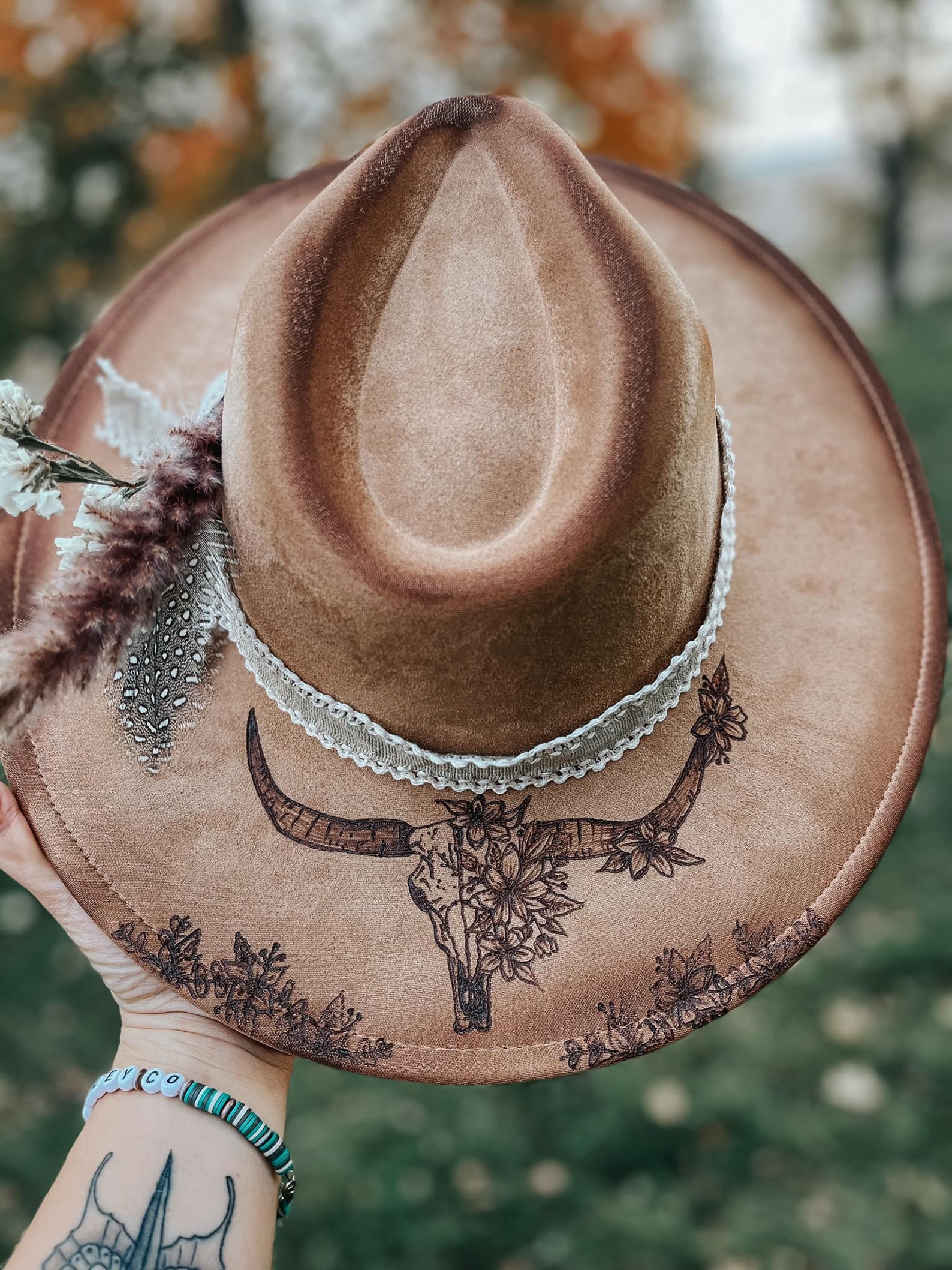 Longhorn Cow Floral Skull Hand Burned Custom Wide Brim Fedora Hat Tan