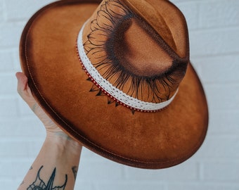 Sunflower Hand Burned Wide Brim Fedora Hat | Custom Floral Concert Summer Brown Lainey Wilson Hippie Derby Cowgirl Rodeo Zach Bryan Western