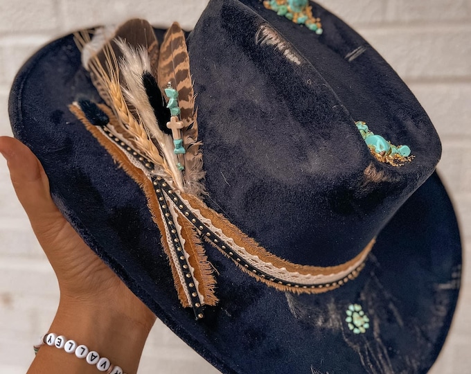 Turquoise Black and Gold Cowboy Hat | Wildflowers, Bull skull, steer skull, grunge, hippie, lainey Wilson, country,
