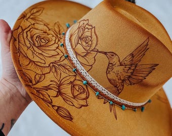 Mustard yellow lily and hummingbird Custom Wide Brim Fedora Hat | Lainey Wilson, Concert, Gift, Country, Cowgirl, peacock, Western Boho