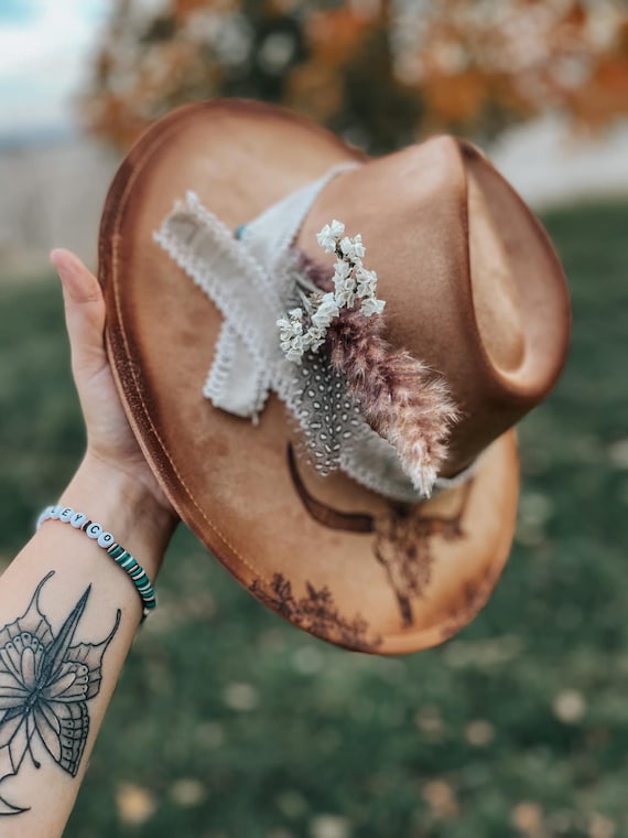 Buy Longhorn Cow Floral Skull Hand Burned Custom Wide Brim  display picture 2