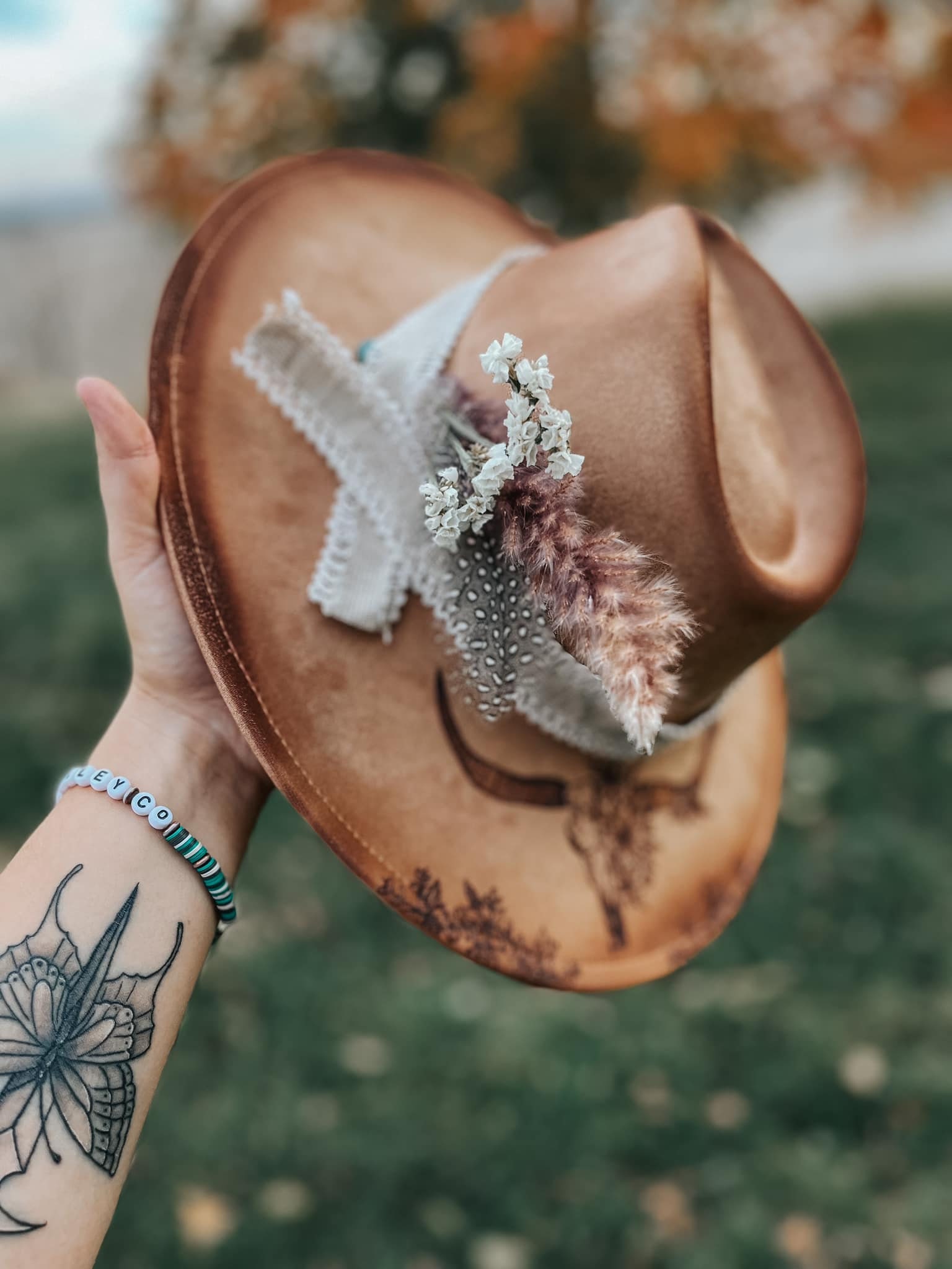 Longhorn Cow Floral Skull Hand Burned Custom Wide Brim 