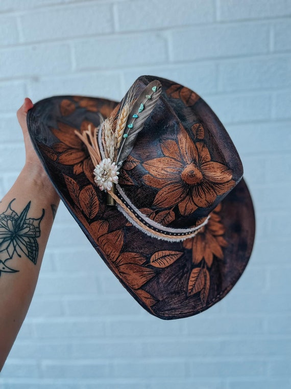 Sunflower Cowboy burn hat | full reverse burn, turquoise, cowgirl, lainey Wilson, concert, country, festival, music, western, boho, summer