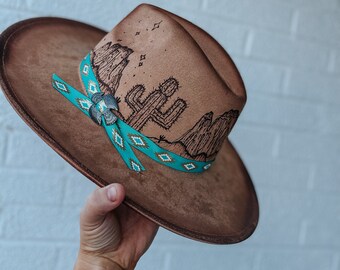 Aztec Hand Burned, faux suede wide brimmed Fedora Artisan Hand-burned Brown Suede Wide Brim Fedora Hat With  main image 3