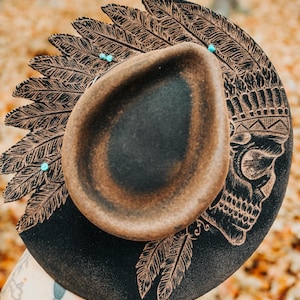 100% Wool Custom Burned Wide Brim Fedora Hat | leather, feathers, skull, grunge, native, American,