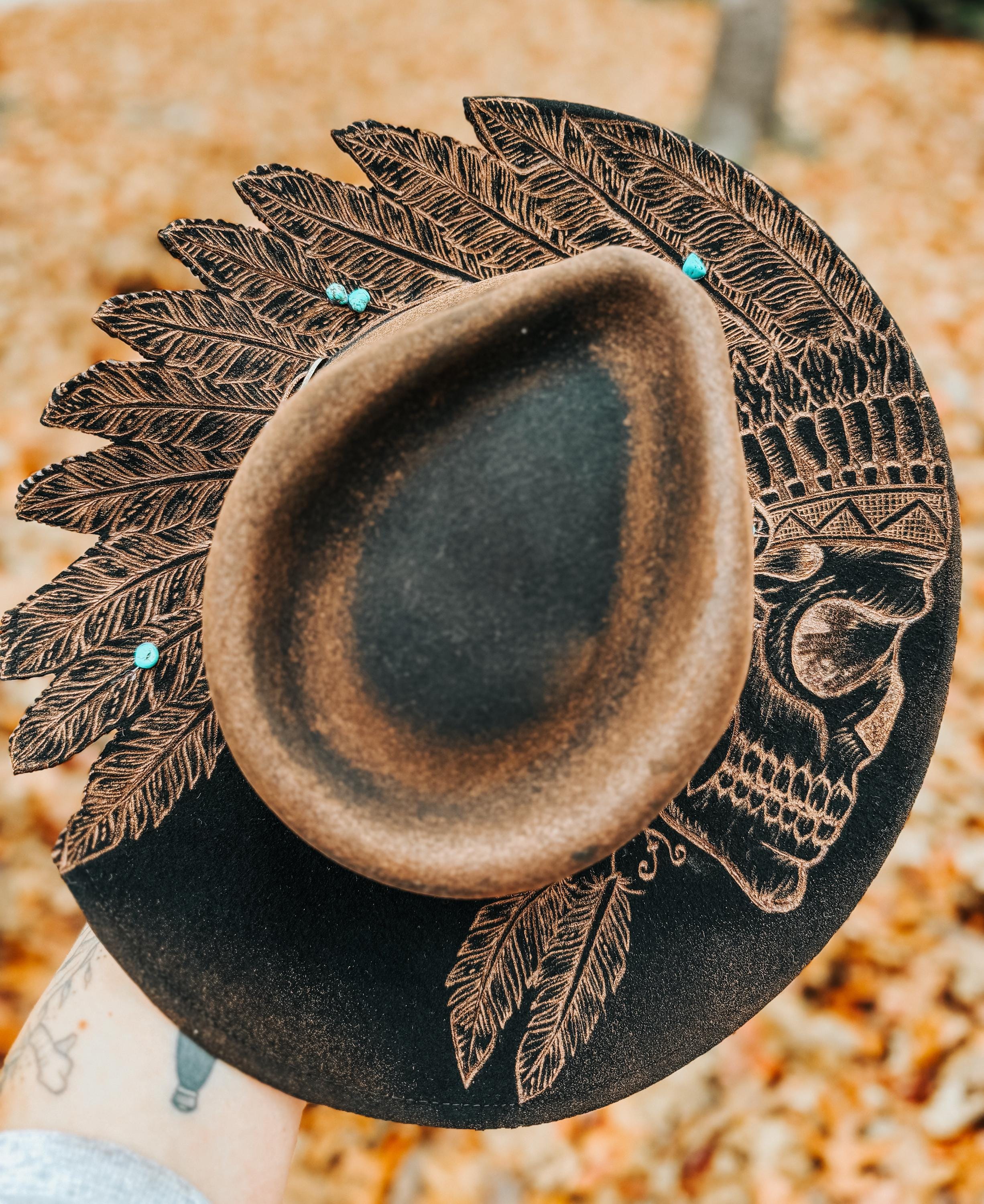 Handmade/Decorated 100% Wool Western Festival Burned Black Hat with Feathers Rancher Hat Custom Burned with Sunflowers - Black main image 3