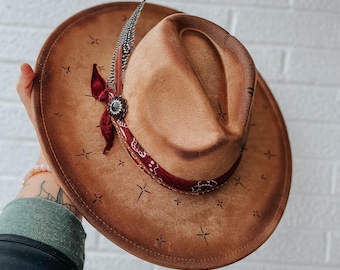 Hand Burned Custom Wide Brim Fedora Hat | Cross, Star, Bandana, Brooch, Western, Concert, Grungy, Edgy, Cowgirl, Concert, Boho, Hippie