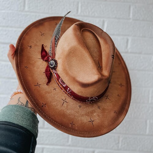 Hand Burned Custom Wide Brim Fedora Hat | Cross, Star  display picture 3