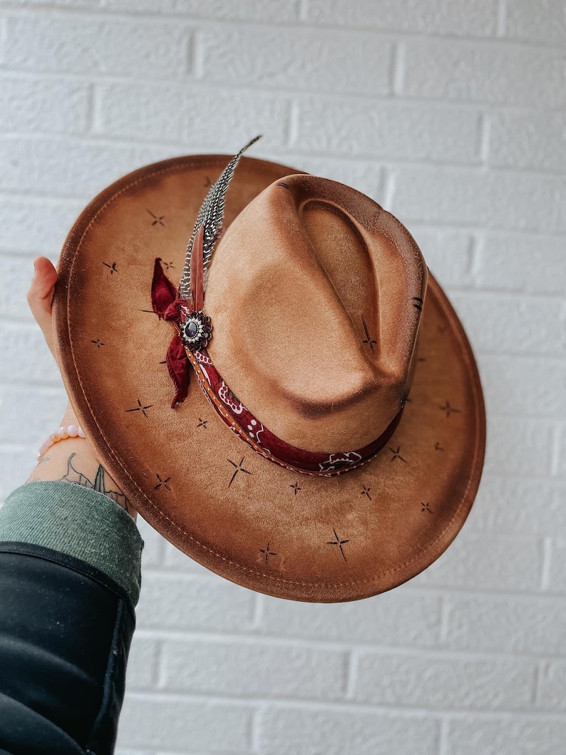 Hand Burned Custom Wide Brim Fedora Hat | Cross, Star, Bandana, Brooch, Western, Concert, Grungy, Edgy, Cowgirl, Concert, Boho, Hippie image 1