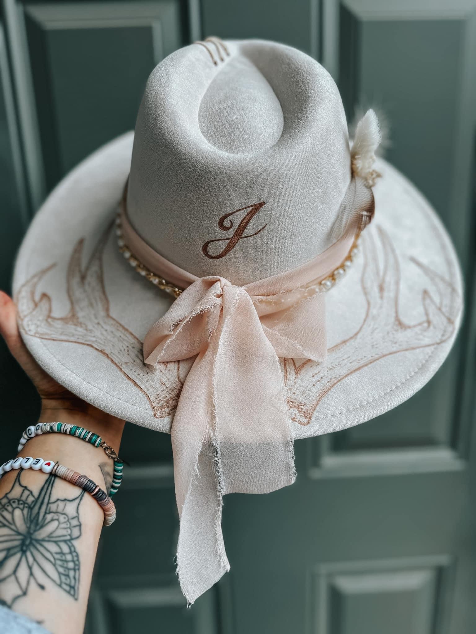 Custom Bridal Wide Brim Fedora Hat | Wedding Bride Antlers Bullet Western Boho Country Bow Pearl Lainey Wilson Engaged Photoshoot