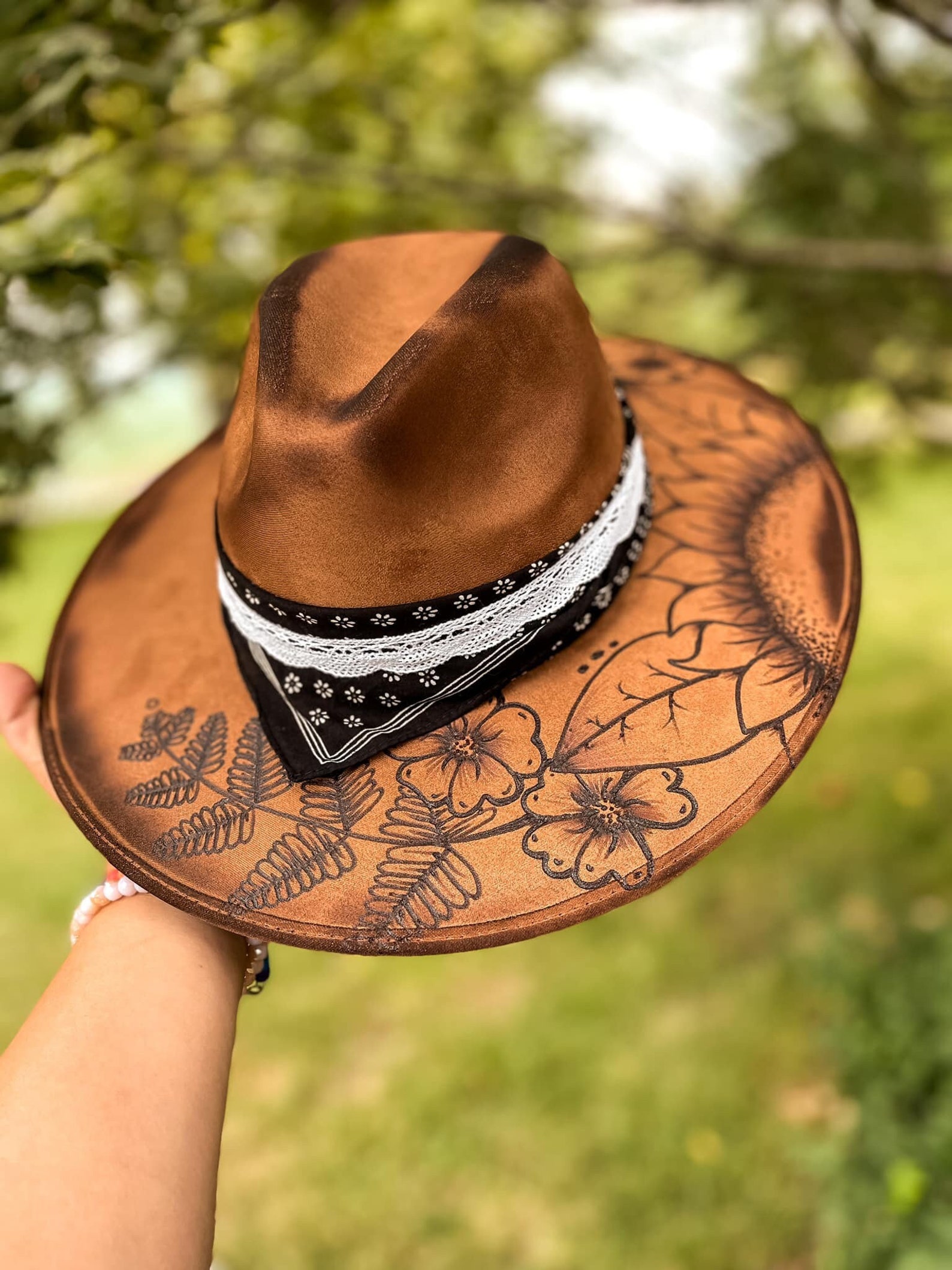 Burned Custom Wide Brim Fedora Hat Wildflowers, Bandana, Lace, Country