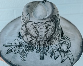 Hand Burned Custom Wide Brim Fedora Hat | Floral, Flower, Sunflower, Summer, Derby, Elephant, Lainey Wilson, Festival, Cowgirl, Country