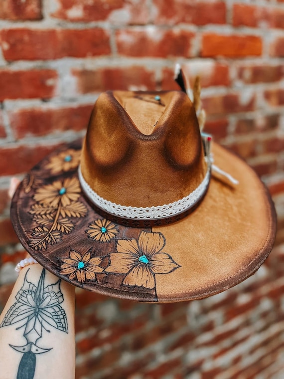 Floral Tan Brown and Turquoise Flat Brim Fedora Hat  display picture 1