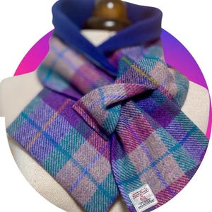 Harris Tweed Neck Warmer, Pure Scottish Wool Tweed Scarf, Stylish Lilac, Blue and Pink Snood lined with polar fleece