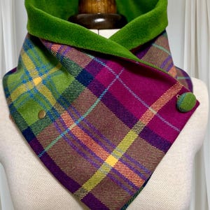 Shetland Wool Neck Warmer, Scottish Pure Wool Purple & Pink Scarf, Stylish Purple Tartan Snood lined with Polar Fleece