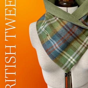 British Wool Tweed Neck Warmer: Tartan Scarf with Sage Green Fleece