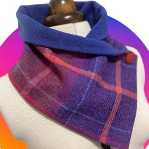 Shetland Wool Neck Warmer, Scottish Pure Wool Purple & Pink Scarf, Stylish Purple Tartan Snood lined with Polar Fleece