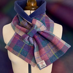 Harris Tweed Neck Warmer, Pure Scottish Wool Tweed Scarf, Stylish Lilac, Blue and Pink Snood lined with polar fleece