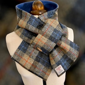 Harris Tweed Blue & Taupe Neck Warmer, Stylish lined Scarf, Pure Scottish Wool Snood