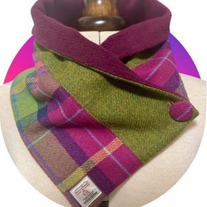 Harris Tweed Wool Neck Warmer, Scottish Pure Wool Green & Purple Scarf, Stylish Tartan Snood lined with Polar Fleece