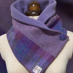 Harris Tweed Wool Neck Warmer, Scottish Pure Wool Lilac & Pink Scarf, Stylish Purple Tartan Snood lined with Polar Fleece