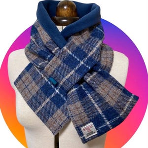 Cache-cou en tweed Harris, écharpe élégante en tartan bleu et taupe, écharpe en pure laine écossaise doublée de polaire