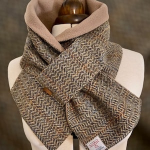 Harris Tweed Neck Warmer, Scottish Pure Wool Scarf, Stylish Natural Brown Snood lined with polar fleece