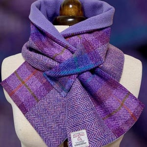 Harris Tweed Lilac Neck Warmer, Stylish Pure Wool Scarf, Scottish Wool Snood lined with Polar Fleece