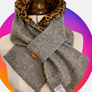 Harris Tweed Blue Herringbone Neck Warmer, Stylish leopard print fleece lined Scarf, Pure Scottish Wool Snood