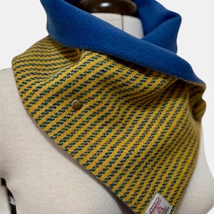 Harris Tweed Wool Neck Warmer, Scottish Pure Wool Yellow and Blue Stripe Scarf, Stylish Snood lined with Polar Fleece
