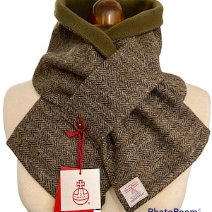 Natural Shades Harris Tweed Neck Warmer, Stylish lined Scarf, Scottish Pure Wool Snood with pull through fastening