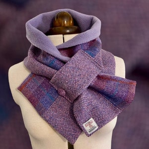 Harris Tweed Lilac Neck Warmer, Stylish Pure Wool Scarf, Scottish Wool Snood lined with Polar Fleece