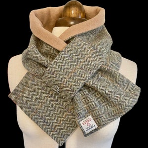 Harris Tweed Wool Neck Warmer, Scottish Pure Wool Cross-Over Scarf, Stylish Blue/Green Snood lined with Camel Polar Fleece