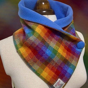 Harris Tweed Wool Neck Warmer, Scottish Pure Wool Burnt Orange Scarf, Stylish Tartan Snood lined with Polar Fleece