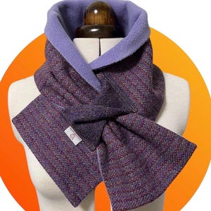 Harris Tweed Kaona Purple Stripe Neck Warmer, Stylish fleece lined Scarf, Pure Scottish Wool  Snood