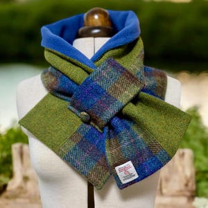 Cache-cou en tweed Harris, écharpe élégante en tartan vert et bleu, écharpe en pure laine écossaise doublée de polaire