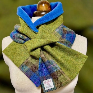 Cache-cou en tweed Harris, écharpe élégante en tartan vert et bleu, écharpe en pure laine écossaise doublée de polaire