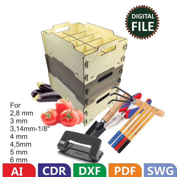 Stackable Compartment Storage Boxes, Laser cut Files SVG DXF, Glowforge cut blueprint. organizer for hobby, stationery, vegetable hand tools