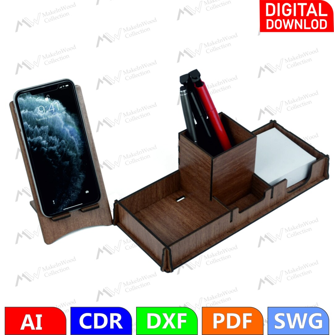 Pen Holder With Wooden Phone Stand Svg Nice Office Gift Dxf Etsy