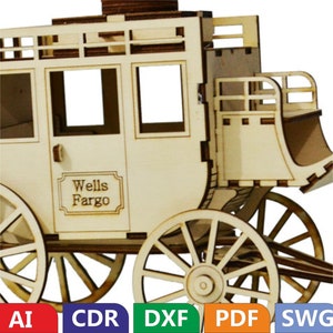 May include: A wooden model kit of a Wells Fargo stagecoach. The model features intricate details, including the Wells Fargo logo, wheels, and a passenger compartment. The kit is made of natural wood and is ready to be assembled.