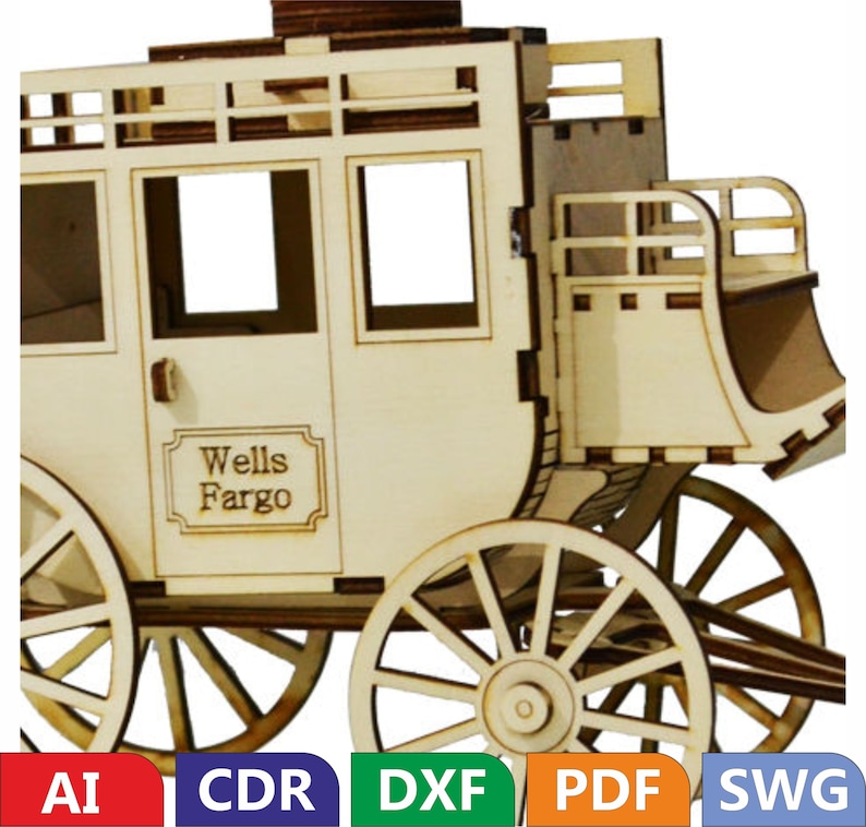 May include: A wooden model kit of a Wells Fargo stagecoach. The model features intricate details, including the Wells Fargo logo, wheels, and a passenger compartment. The kit is made of natural wood and is ready to be assembled.