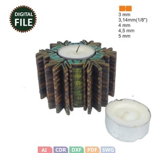 May include: A teal and brown wooden candle holder with a lit white tea light candle. The holder has a unique, layered design. The image also includes a loose tea light and the text "DIGITAL FILE".
