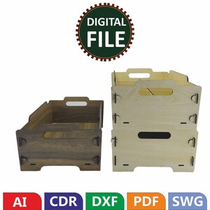 Op de afbeelding: Twee houten opbergdozen met handvatten. De bovenste doos is lichtbruin en de onderste doos is donkerbruin. De dozen zijn op elkaar gestapeld. De afbeelding bevat de tekst "DIGITAL FILE".