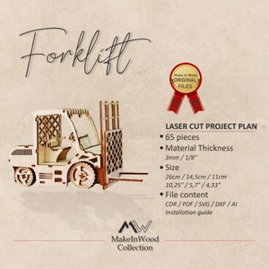 3D Wood Puzzle | 3D Puzzle Forklift Svg/ Dxf 3mm MDF Wood Board Puzzle | Self Assembly @ 65 Pieces Puzzle Kit | Limited Instructions image 3